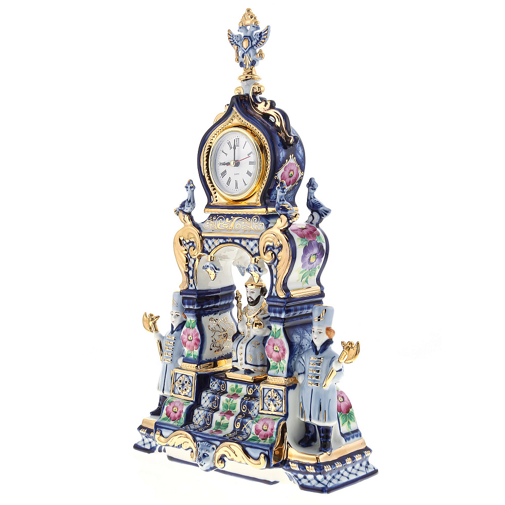 Часы настольные «Царский трон». Гжель в цвете и золоте - интернет магазин Русь Велика я фото 1