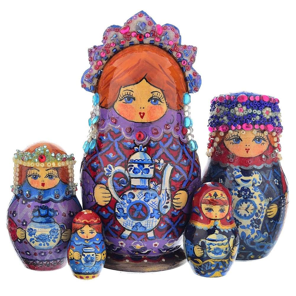 Матрешка «Гжель» 5 мест - интернет магазин Русь Велика я 