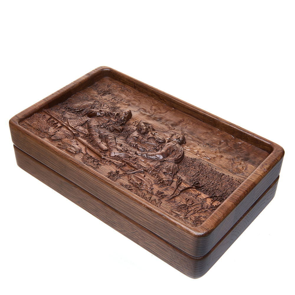 0053585 Домино D6 в резной дубовой шкатулке «ОХОТНИКИ НА ПРИВАЛЕ»  RTD-306.M - интернет магазин Русь Велика я 