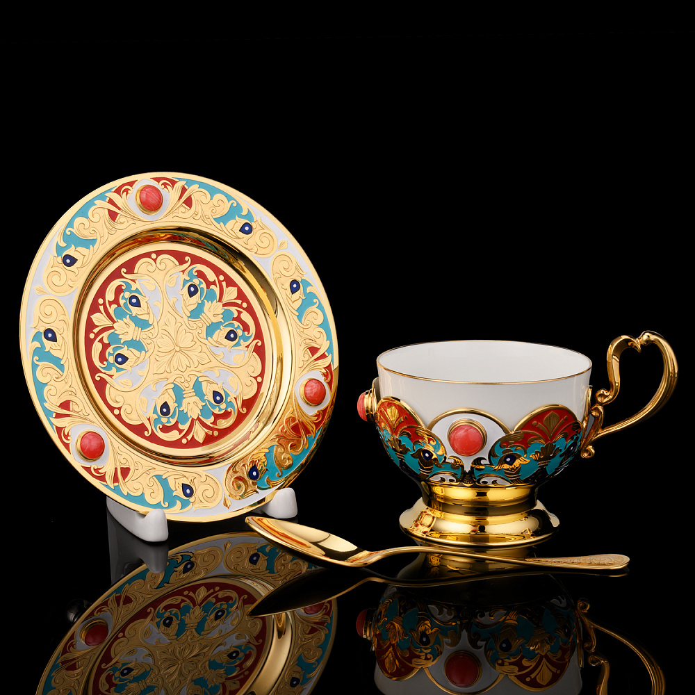 Чайный сервиз с позолотой и эмалью на 4 персоны «Купеческий». Златоуст - интернет магазин Русь Велика я фото 7