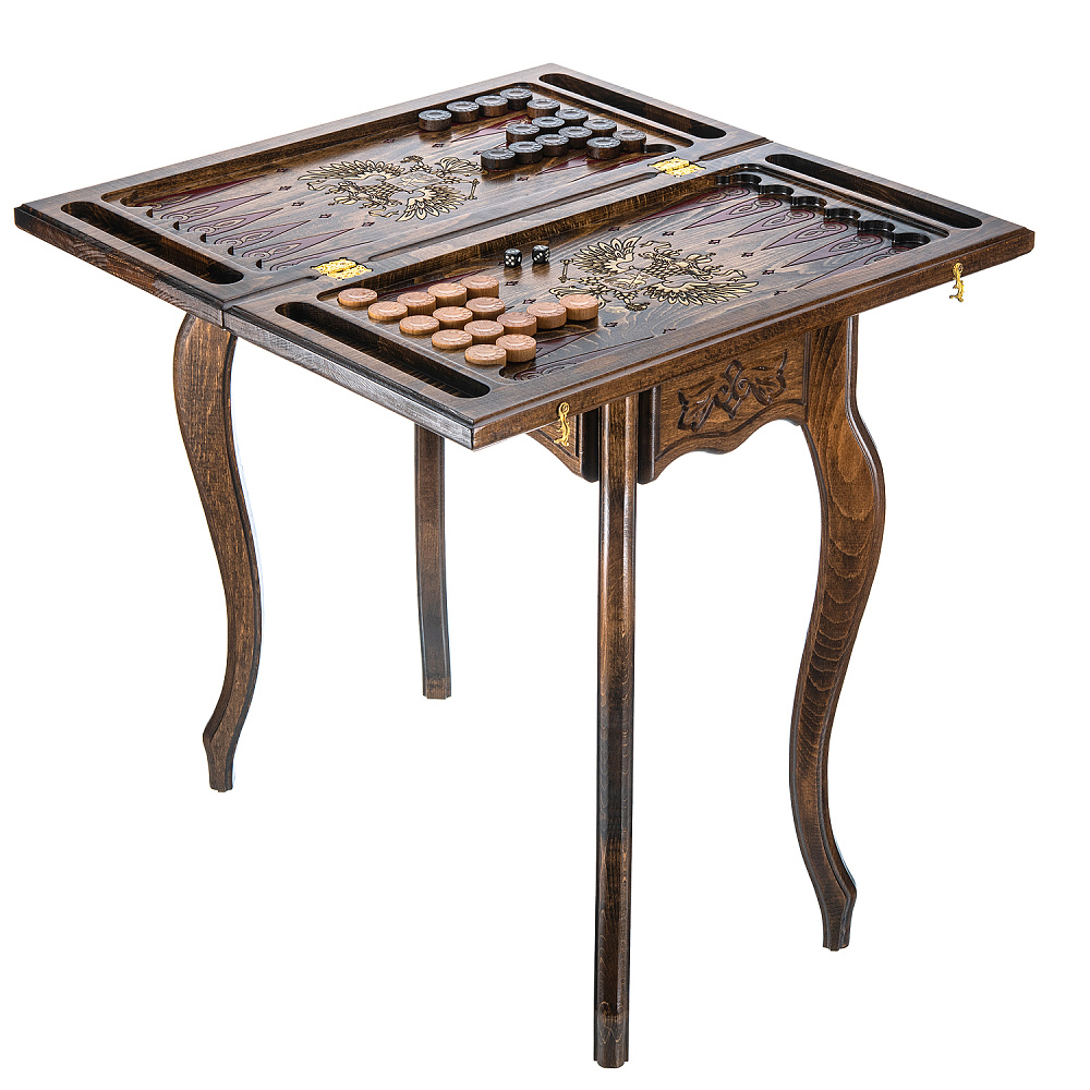 Нарды деревянные резные со столиком «Герб РФ» 60х30 см - интернет магазин Русь Велика я 