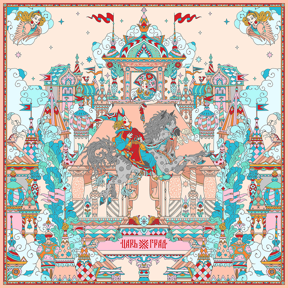 Платок шелковый «Сивка-бурка» 90х90 см - интернет магазин Русь Велика я 