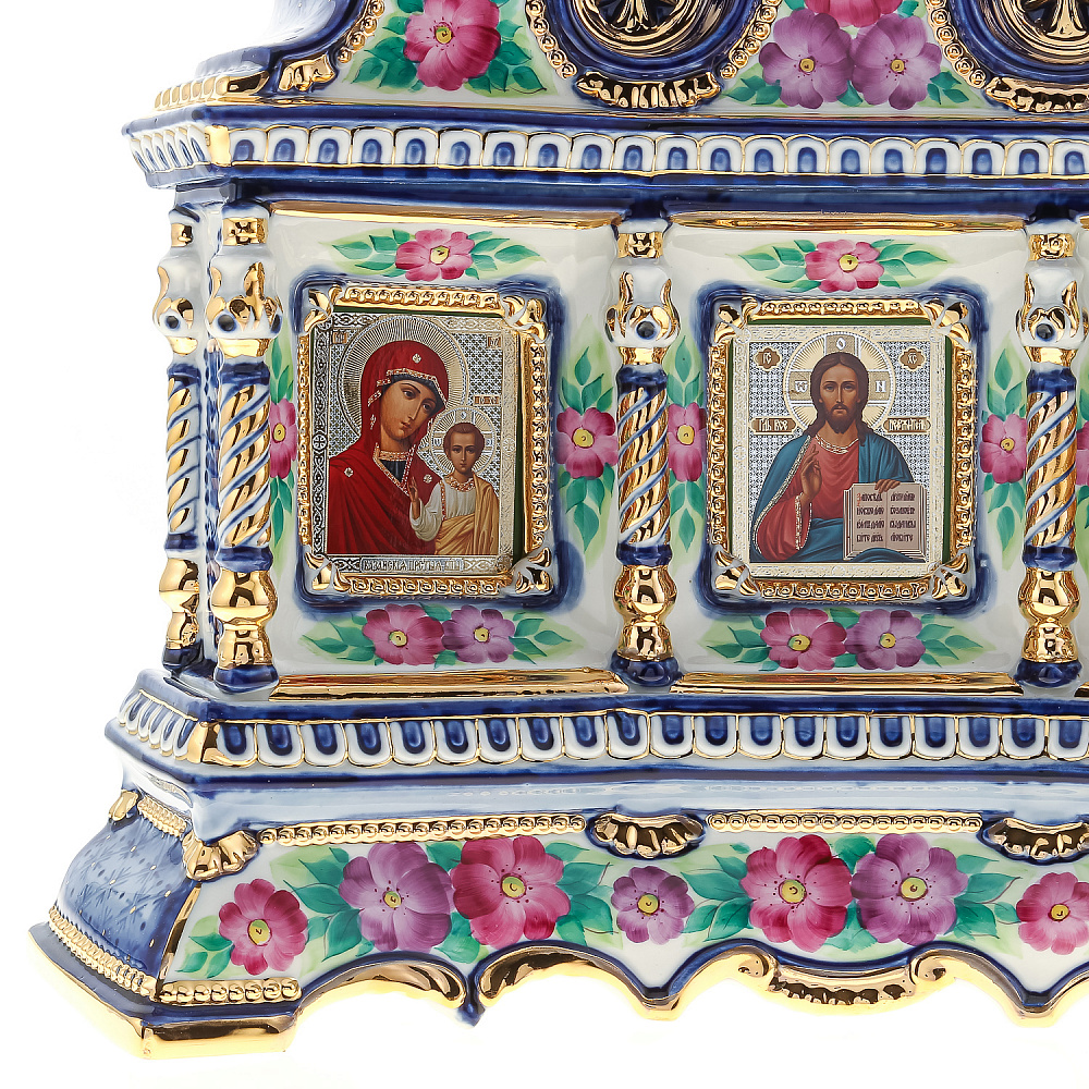 Киот настольный «Вседержитель, Божья Матерь, Николай Чудотворец». Гжель 40х40 см. - интернет магазин Русь Велика я фото 3