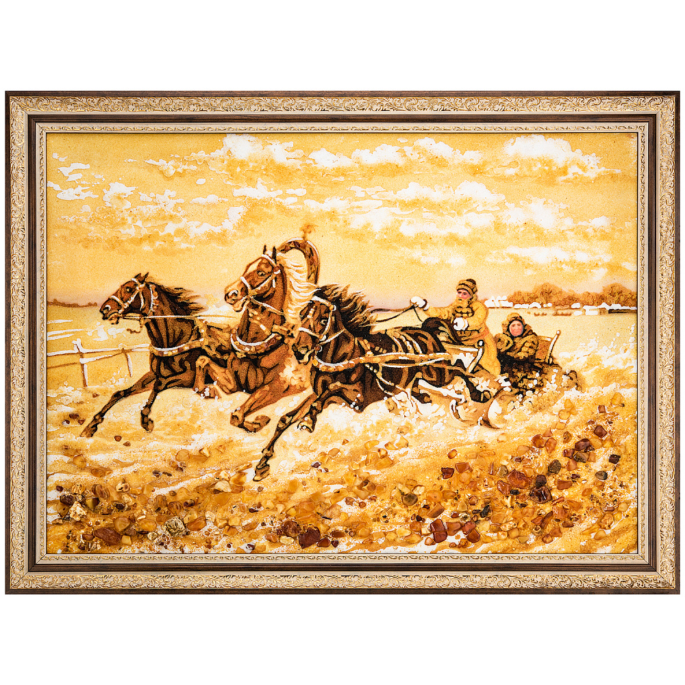 Картина янтарная «Зимняя тройка» 60x80 см - интернет магазин Русь Велика я 