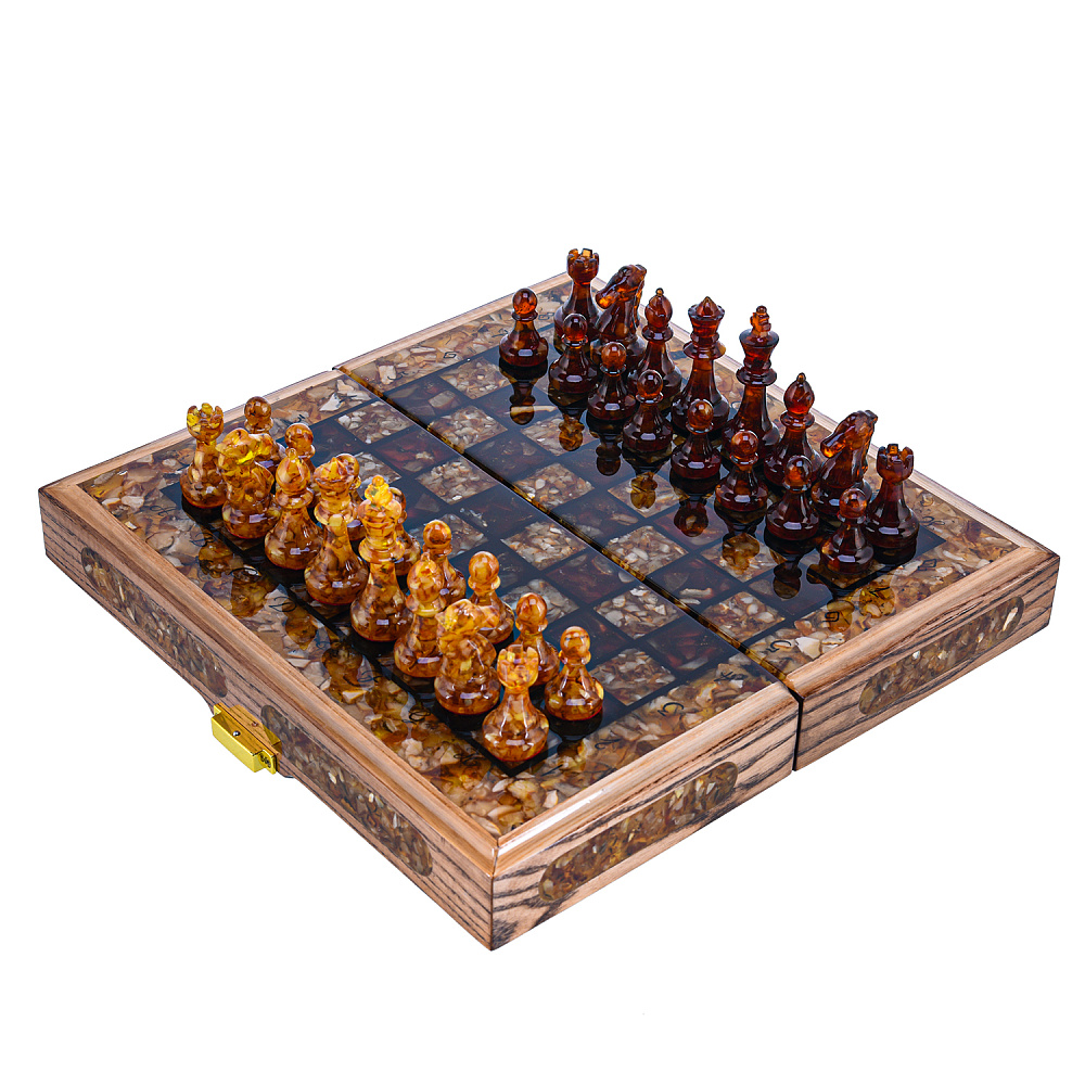 Шахматы складные с инкрустацией и фигурами из янтаря 28х28 см - интернет магазин Русь Велика я 