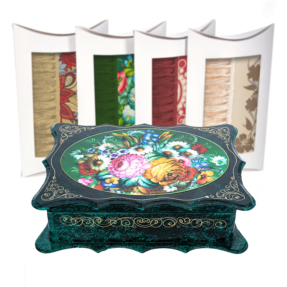 Шкатулка с подарочным шерстяным платком внутри «Цветочные мотивы» - интернет магазин Русь Велика я 