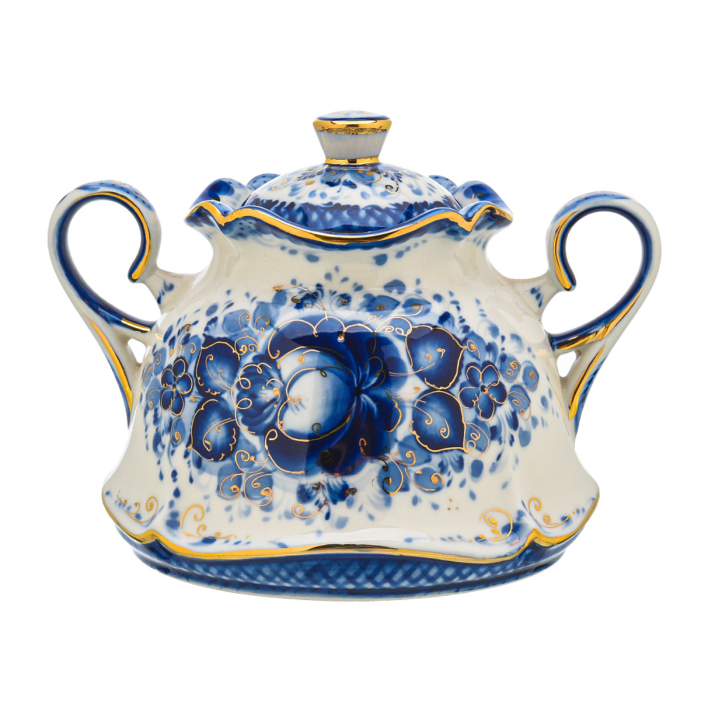 Сахарница «Колокольчик». Гжель в золоте - интернет магазин Русь Велика я 