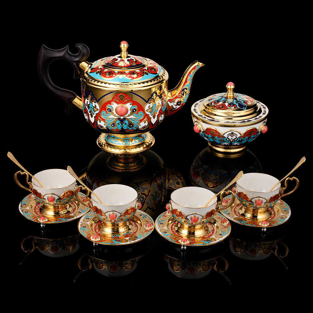 Чайный сервиз с позолотой и эмалью на 4 персоны «Купеческий». Златоуст - интернет магазин Русь Велика я 