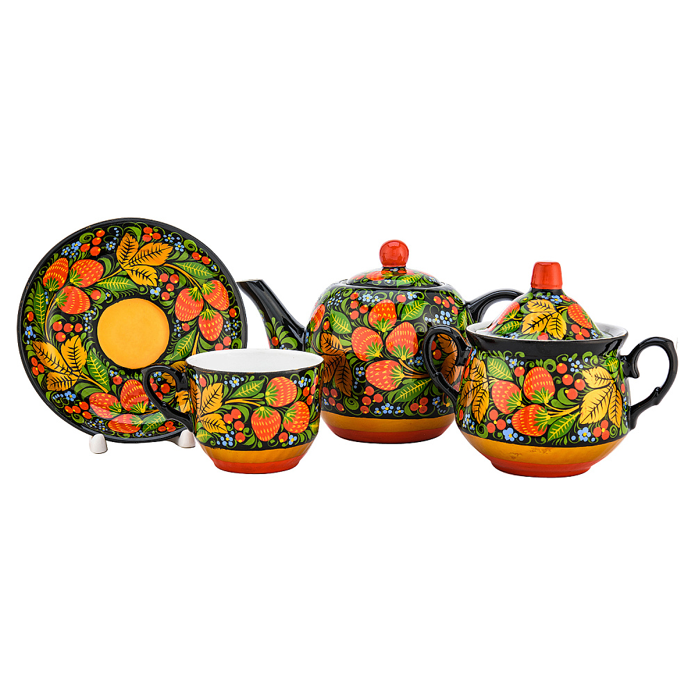 Чайный сервиз на 6 персон «Клубника». Хохлома - интернет магазин Русь Велика я фото 1