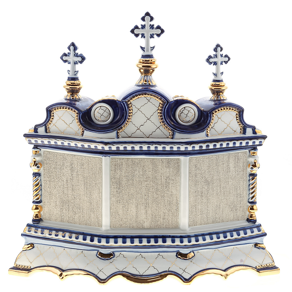 Киот настольный «Вседержитель, Божья Матерь, Николай Чудотворец». Гжель 40х40 см. - интернет магазин Русь Велика я фото 7