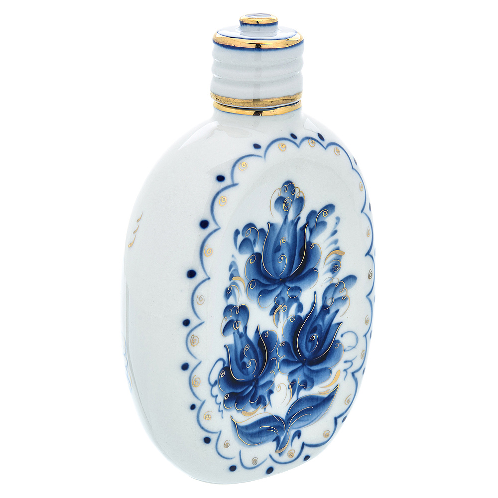 Фарфоровый штоф-фляжка 0,5 л «Цветы». Гжель в золоте - интернет магазин Русь Велика я фото 1