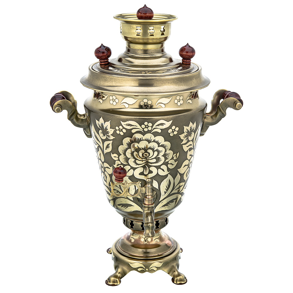 Самовар латунный жаровой 5л «Цветы». Форма Рюмка - интернет магазин Русь Велика я фото 2