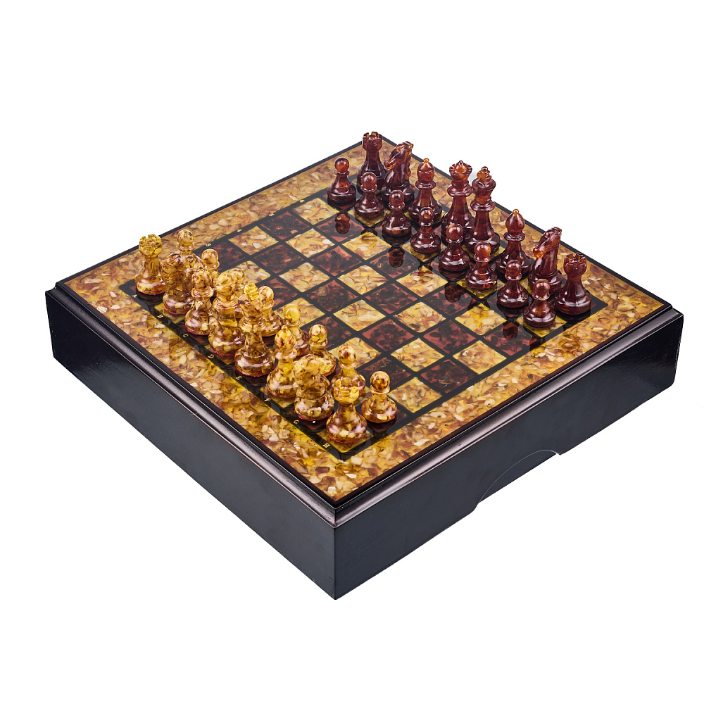 Шахматы с инкрустацией и фигурами из янтаря 30х30 см - интернет магазин Русь Велика я 