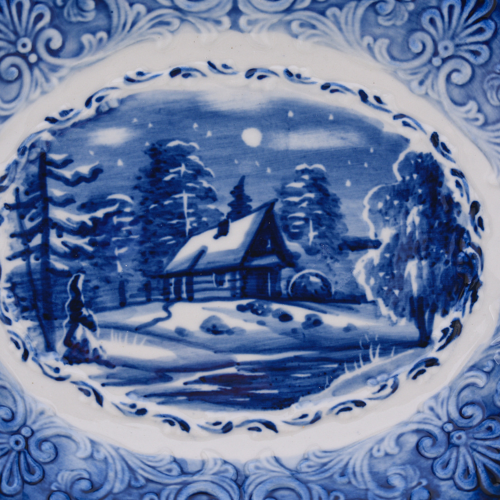 Тарелка декоративная «Зима в деревне». Гжель - интернет магазин Русь Велика я фото 1