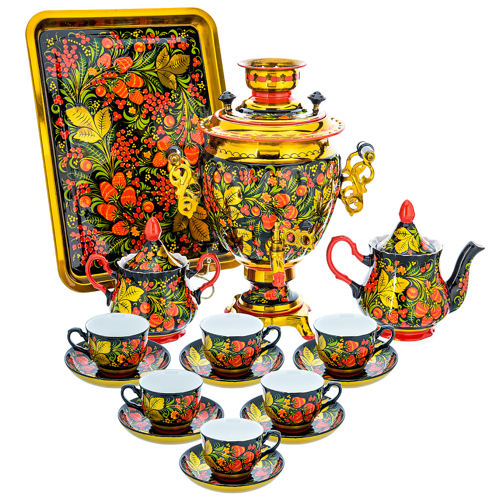 Самовар электрический 3 л с сервизом «Клубника». Хохлома - интернет магазин Русь Велика я 