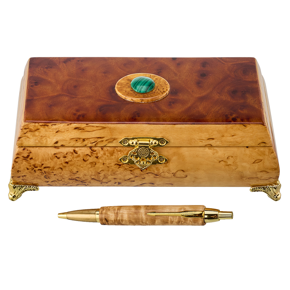 Ручка в шкатулке из карельской березы с малахитом - интернет магазин Русь Велика я 