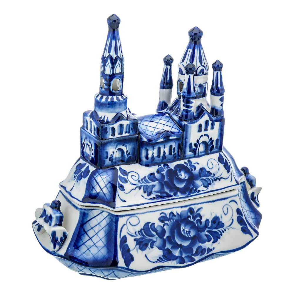 Фарфоровая шкатулка «Кремль». Гжель - интернет магазин Русь Велика я 