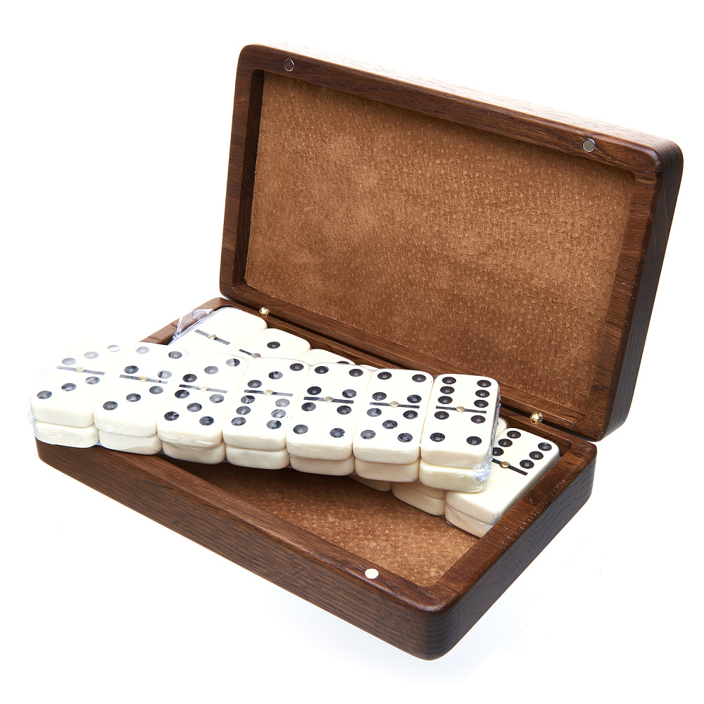 0053585 Домино D6 в резной дубовой шкатулке «ОХОТНИКИ НА ПРИВАЛЕ»  RTD-306.M - интернет магазин Русь Велика я фото 1