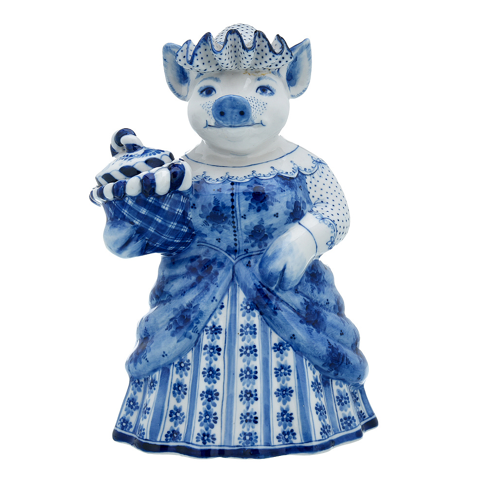 Статуэтка-копилка «Свинья Хавронья». Гжель - интернет магазин Русь Велика я 
