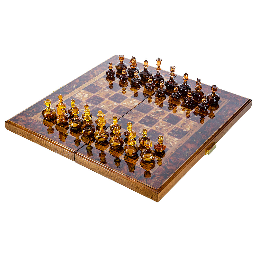 Шахматы с инкрустацией и фигурами из янтаря 46х23 см - интернет магазин Русь Велика я 