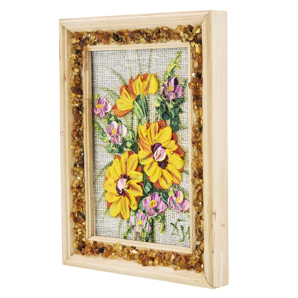 Панно в янтарной раме «Букет цветов» 12,5х16,5 см - интернет магазин Русь Велика я фото 1