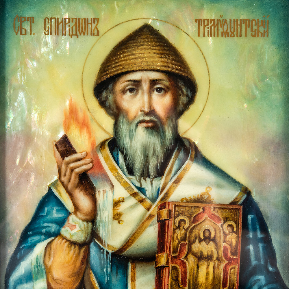 Икона с перламутром «Спиридон Тримифутский» в киоте 29х24 см - интернет магазин Русь Велика я фото 2