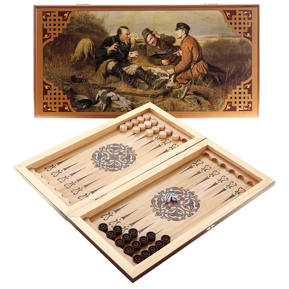 Деревянные нарды «Охотники на привале» 40х20 см - интернет магазин Русь Велика я 