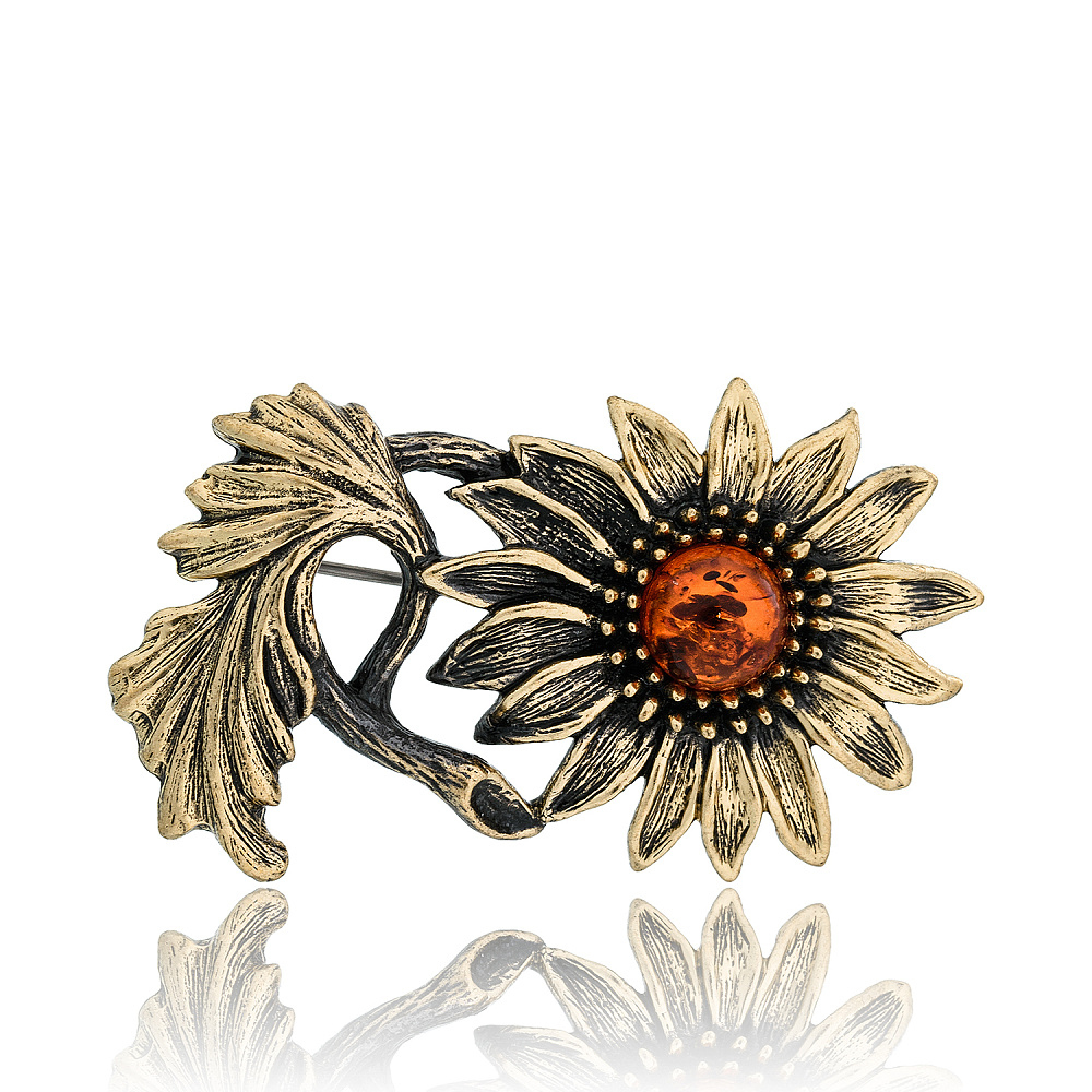 Брошь с янтарем «Цветок Календула» - интернет магазин Русь Велика я 