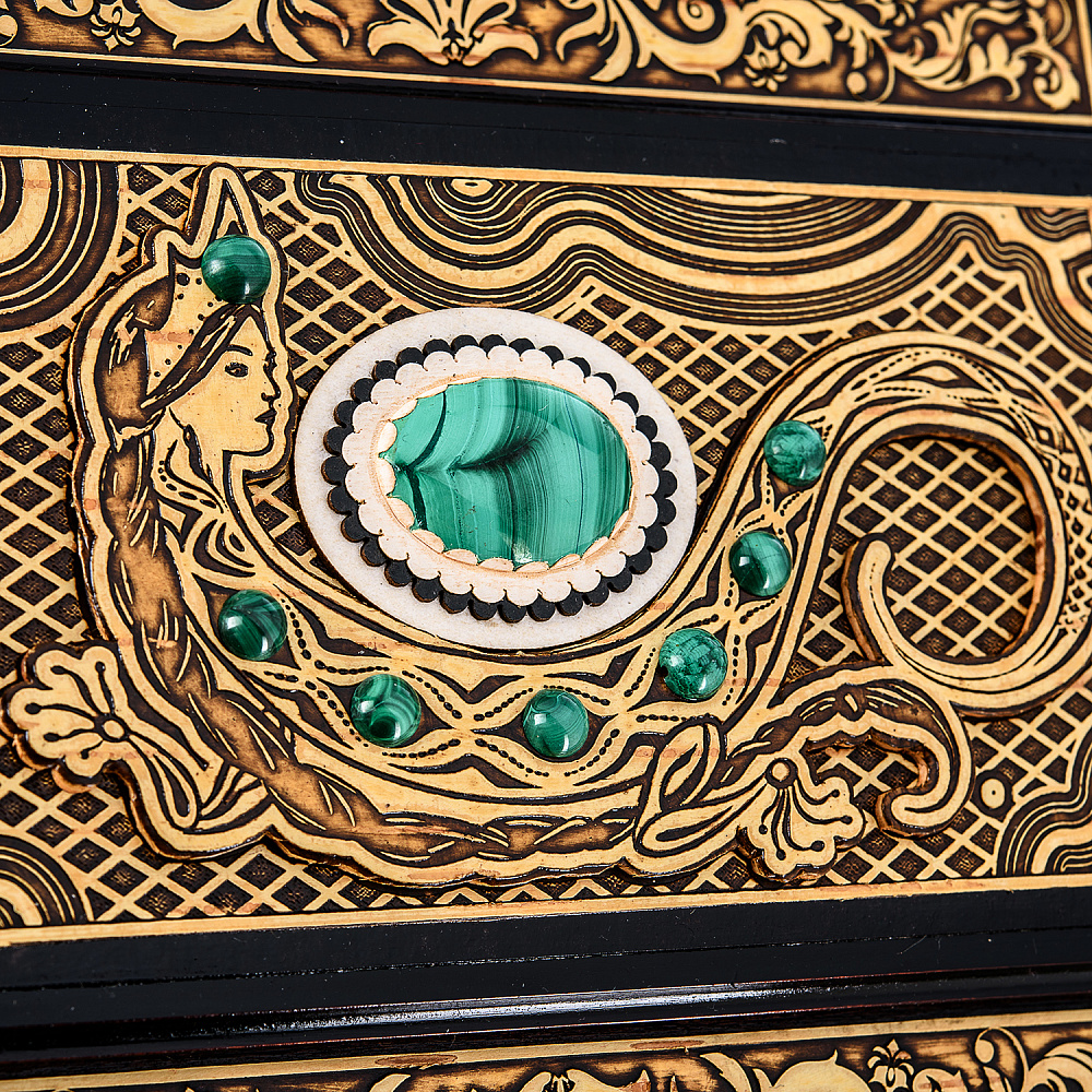 Прямоугольная шкатулка из бересты с малахитом - интернет магазин Русь Велика я фото 2