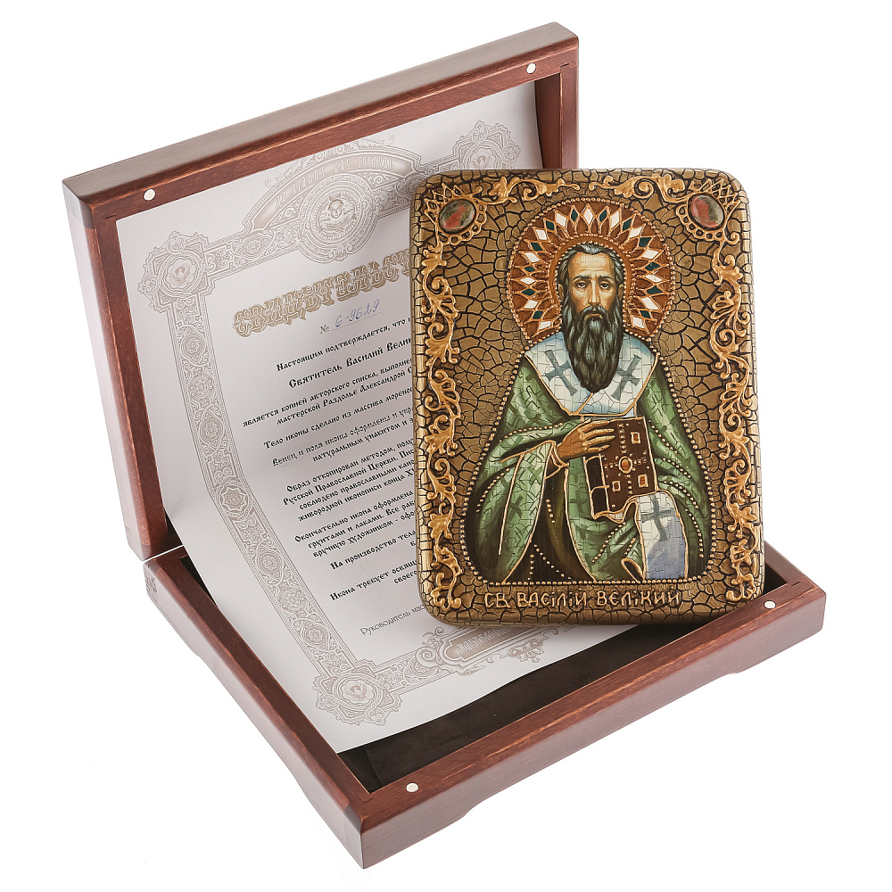 Икона из мореного дуба «Святой Василий Великий» 15х20 см - интернет магазин Русь Велика я фото 1