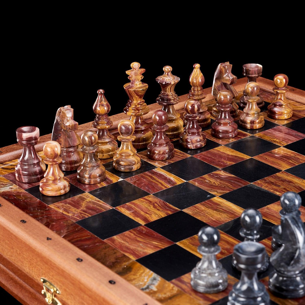 Шахматы деревянные с полем и фигурами из мрамора «Американские» 43х43 см - интернет магазин Русь Велика я фото 1