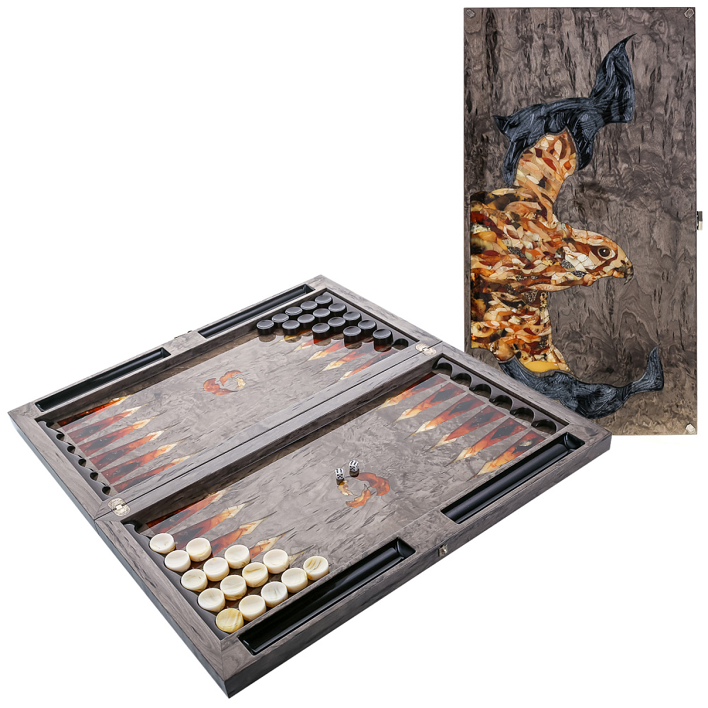 Нарды из карельской березы с инкрустацией из янтаря «Сокол» 60х32,5 см - интернет магазин Русь Велика я 