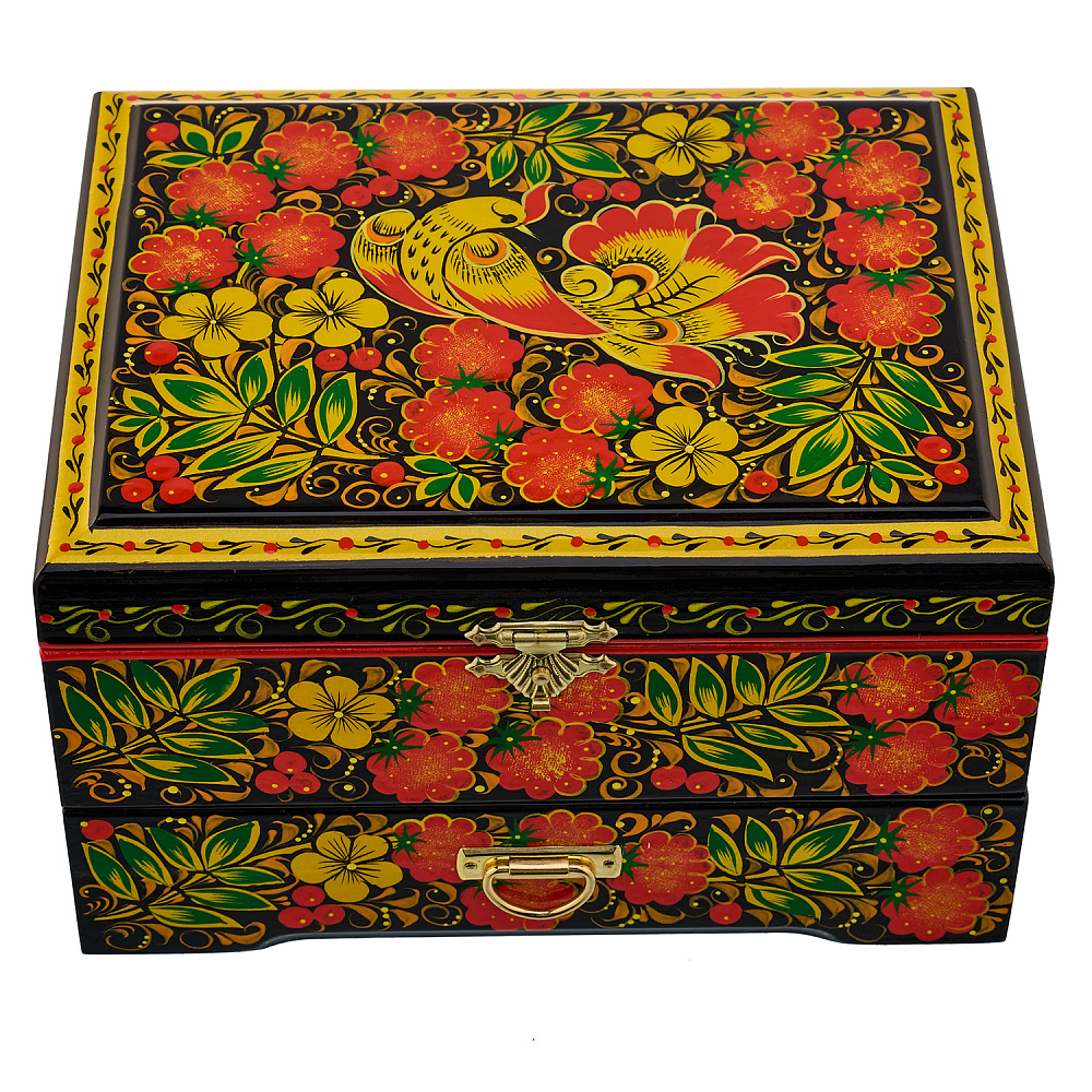 Шкатулка деревянная для украшений «Птичка и малина». Хохлома - интернет магазин Русь Велика я 