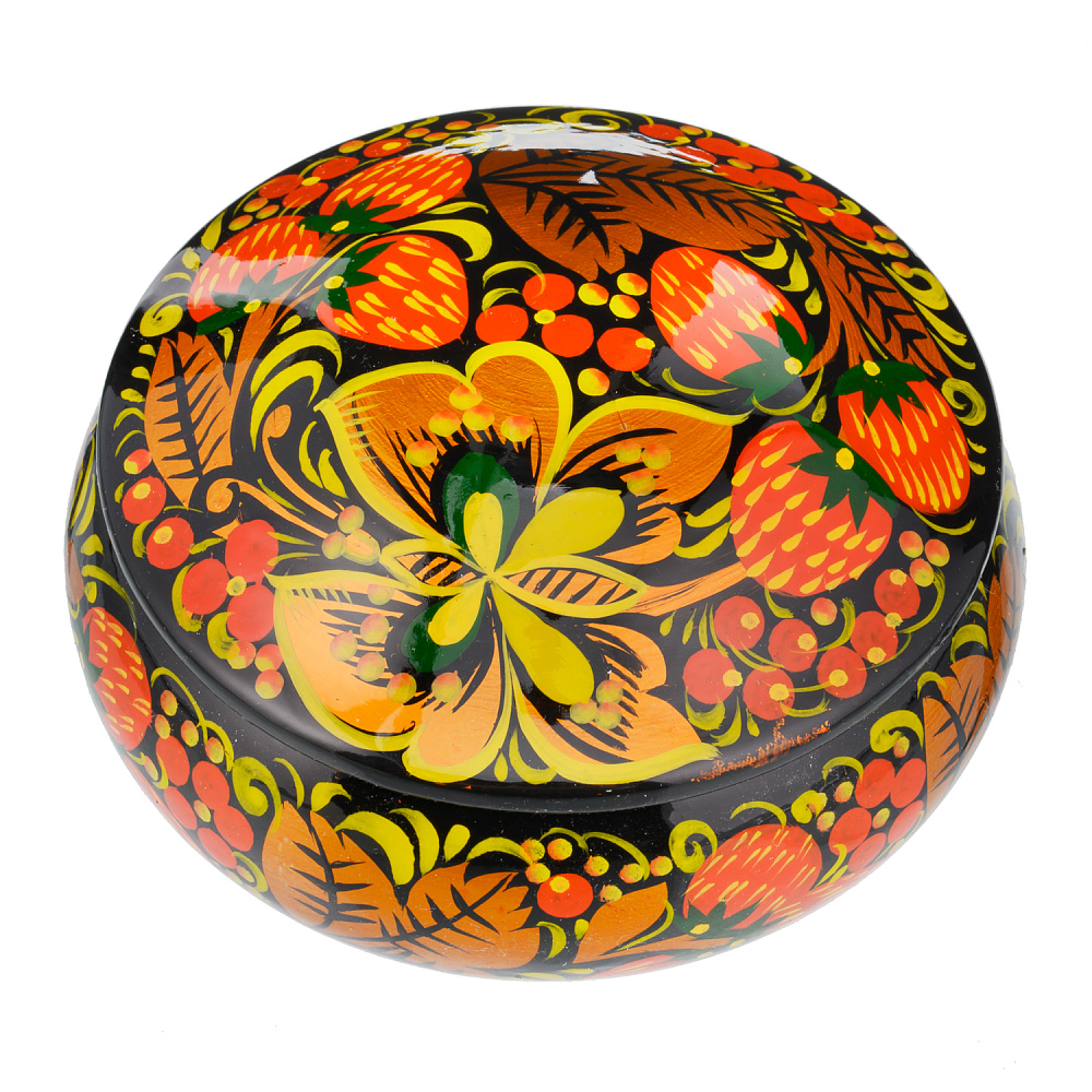 Деревянная круглая шкатулка с росписью «Клубника». Хохлома - интернет магазин Русь Велика я 