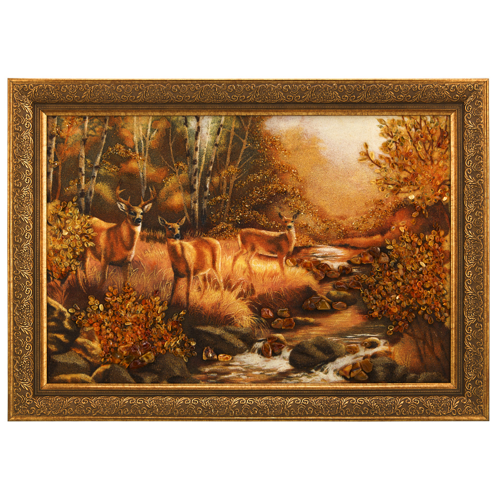 Картина янтарная «Олени в лесу» 60х40 см - интернет магазин Русь Велика я 