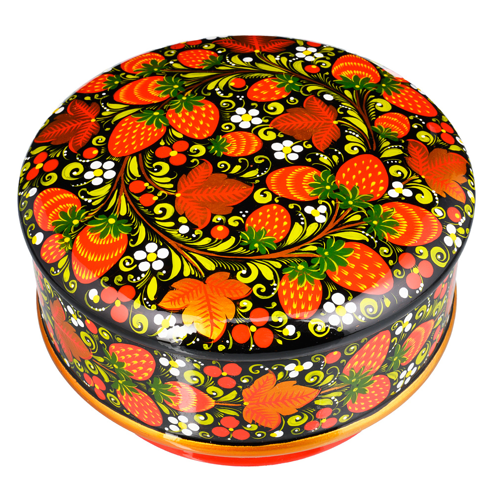 Деревянная круглая шкатулка с росписью «Клубника». Хохлома - интернет магазин Русь Велика я фото 1