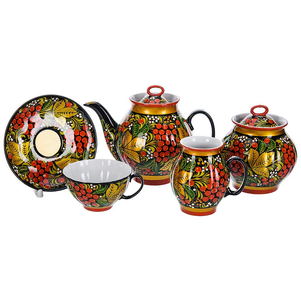Чайный сервиз на 6 персон «Рябинка». Хохлома - интернет магазин Русь Велика я фото 1