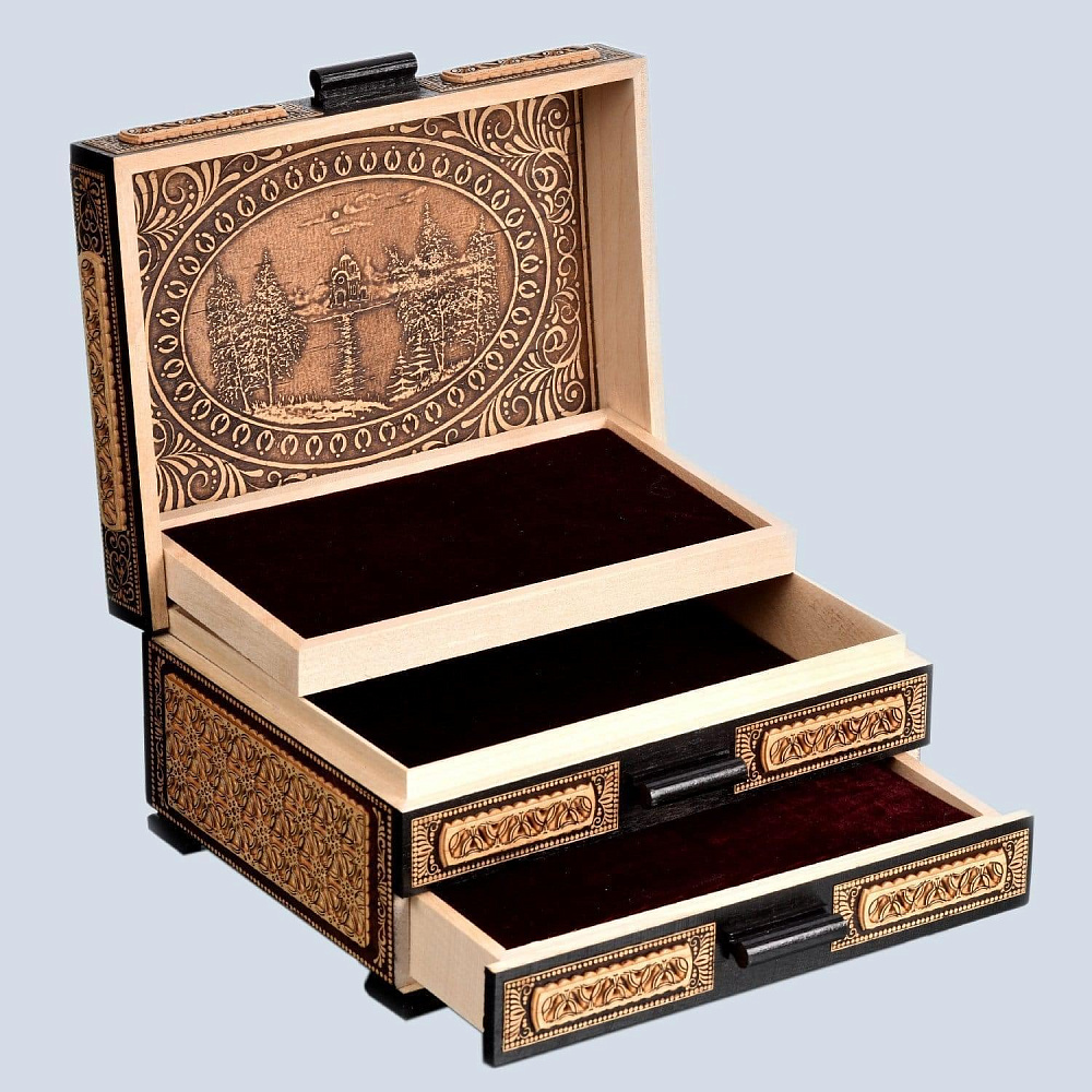 Деревянная шкатулка-комод из бересты с малахитом «Фигаро» - интернет магазин Русь Велика я фото 1