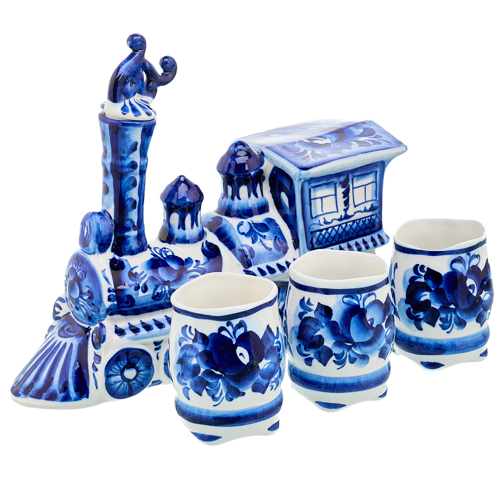 Штоф со стопками «Паровоз». Гжель - интернет магазин Русь Велика я фото 1