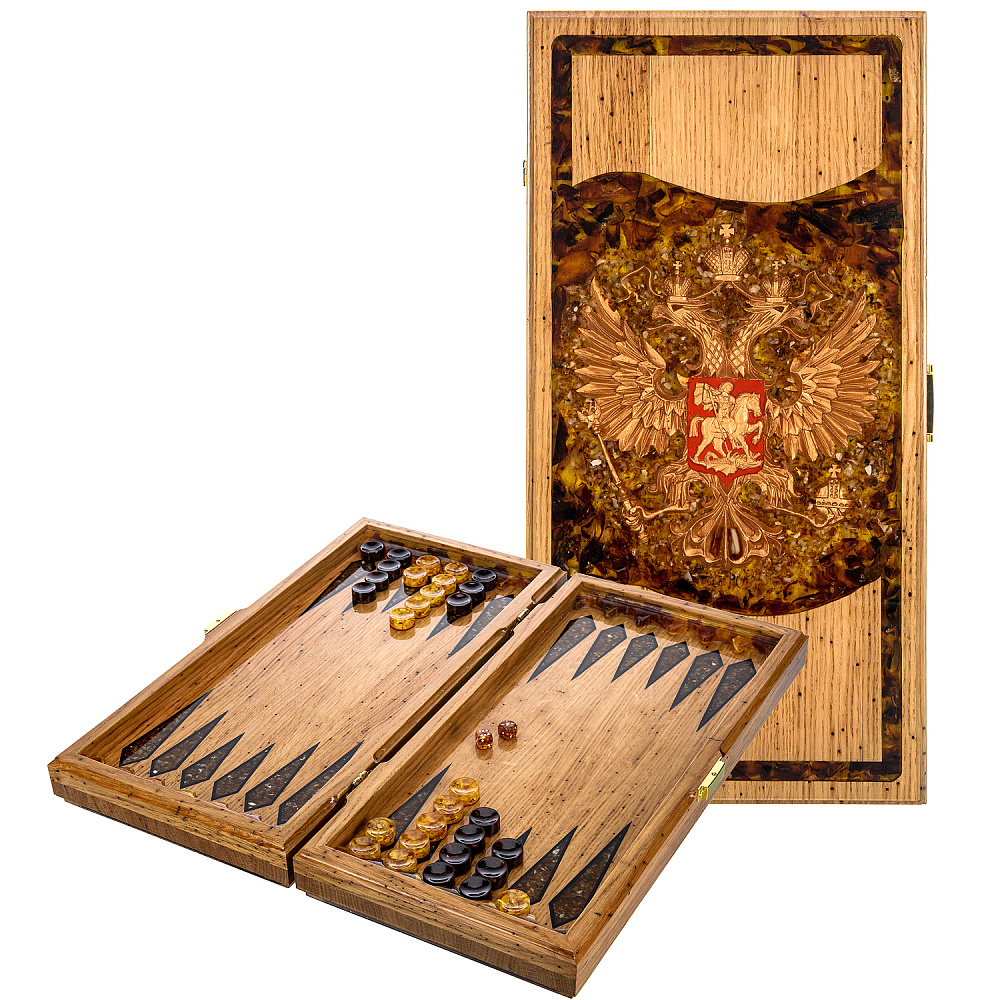 Нарды янтарные «Герб РФ» 46х26 см - интернет магазин Русь Велика я 