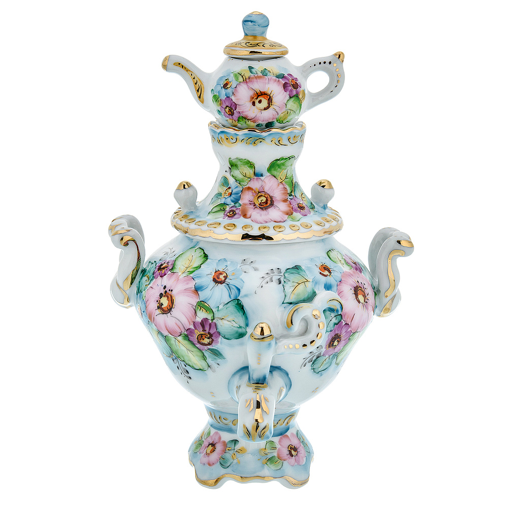 Сувенирный самовар-шкатулка «Цветы». Гжель в цвете - интернет магазин Русь Велика я 