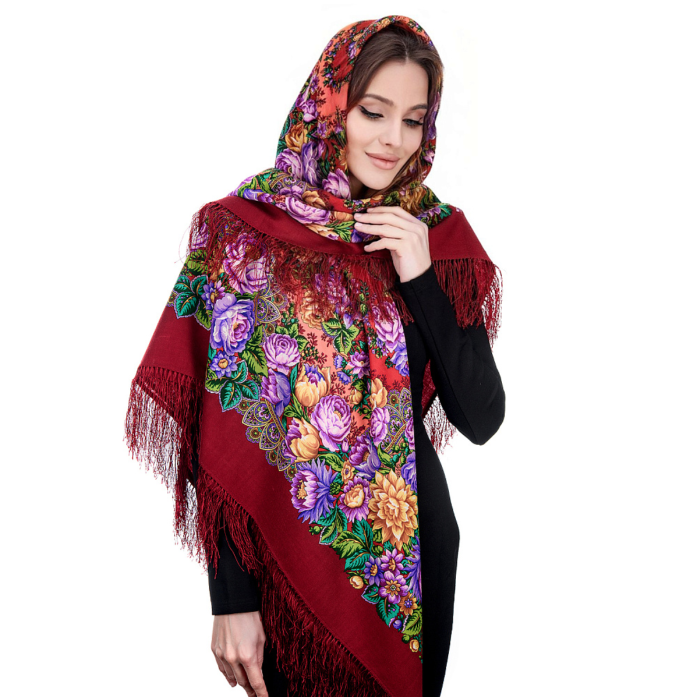 Платок ПавлоПосадский шерстяной «Цветочные бусы» 146х146 см - интернет магазин Русь Велика я 