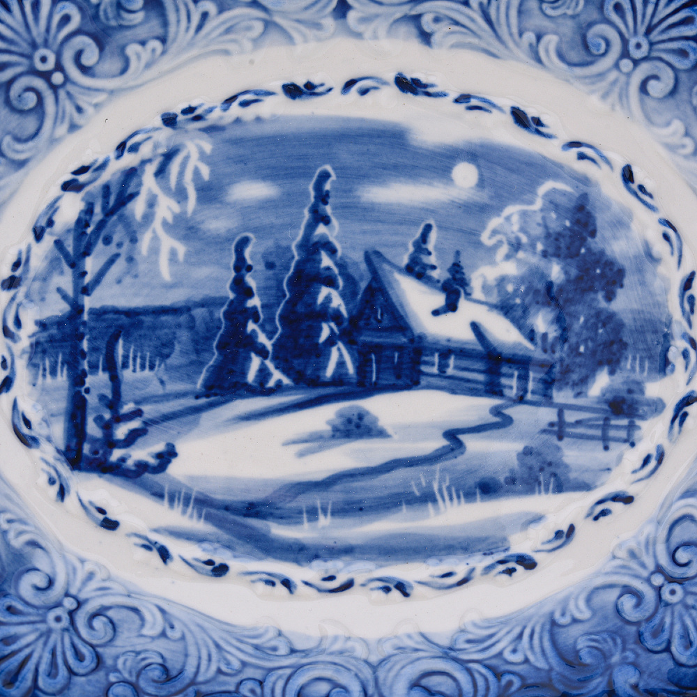 Тарелка декоративная «Зима в деревне». Гжель - интернет магазин Русь Велика я фото 1