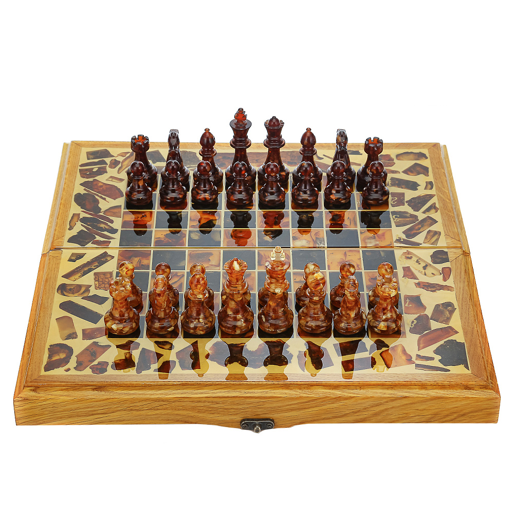 Шахматы складные с инкрустацией из янтаря и янтарными фигурами 32х16 см - интернет магазин Русь Велика я фото 4