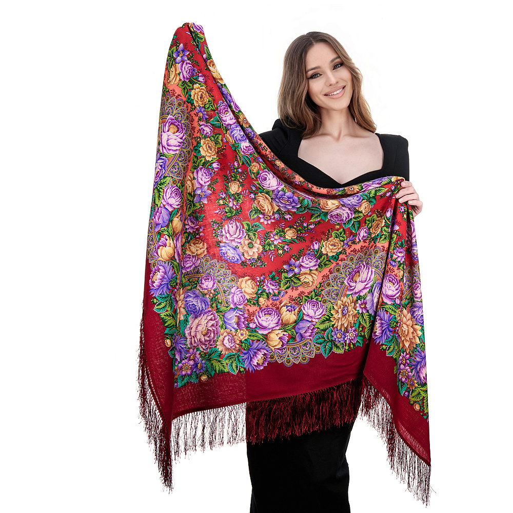 Платок ПавлоПосадский шерстяной «Цветочные бусы» 146х146 см - интернет магазин Русь Велика я фото 2