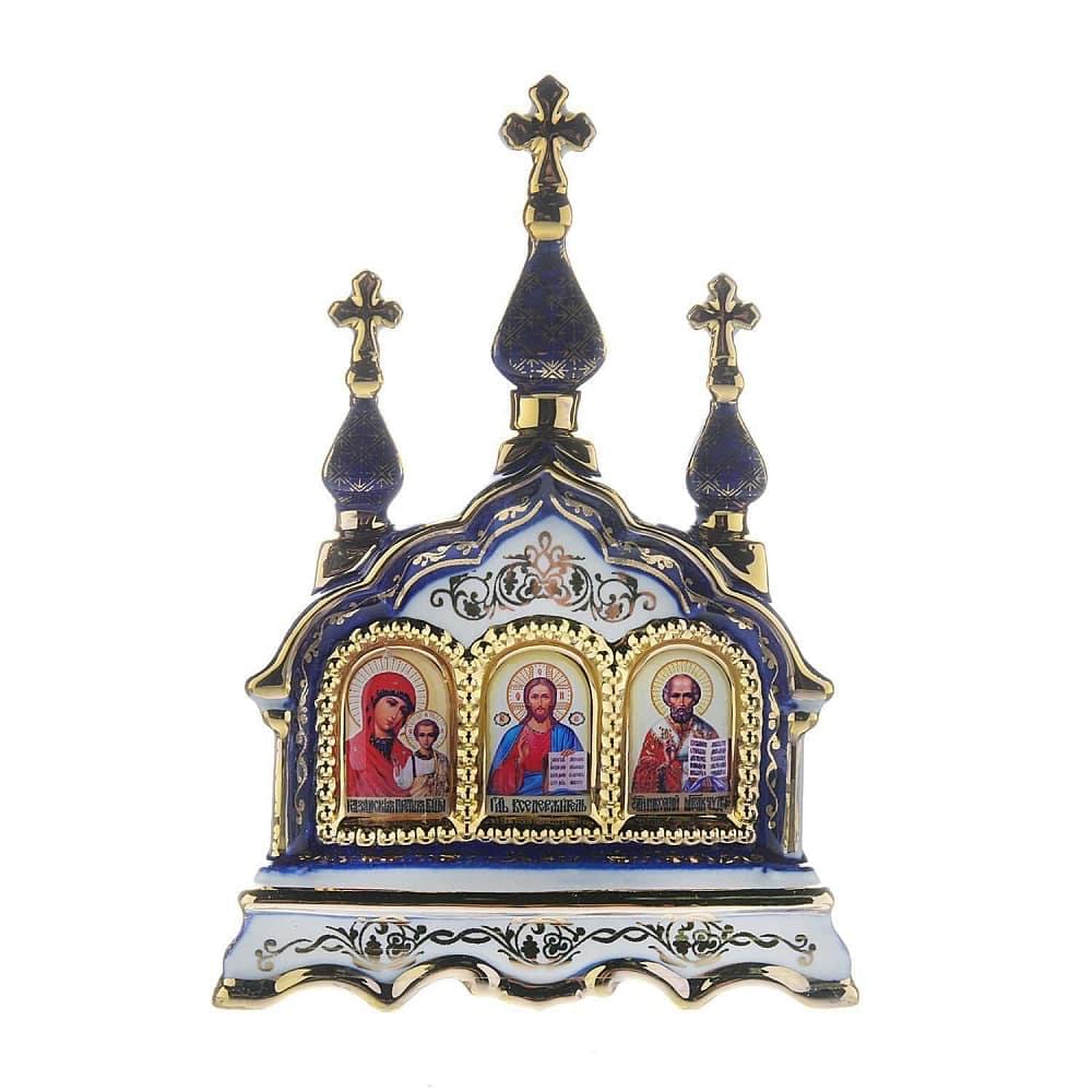 Киот настольный «Иисус, Богородица, Николай Чудотворец». Гжель 11 х 14 см - интернет магазин Русь Велика я 