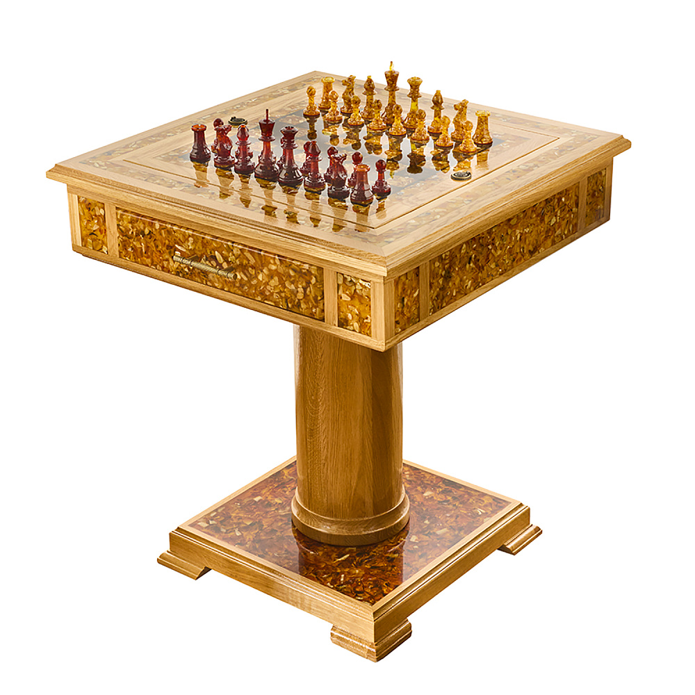 Янтарный стол с шахматами и нардами 62х62 см - интернет магазин Русь Велика я 