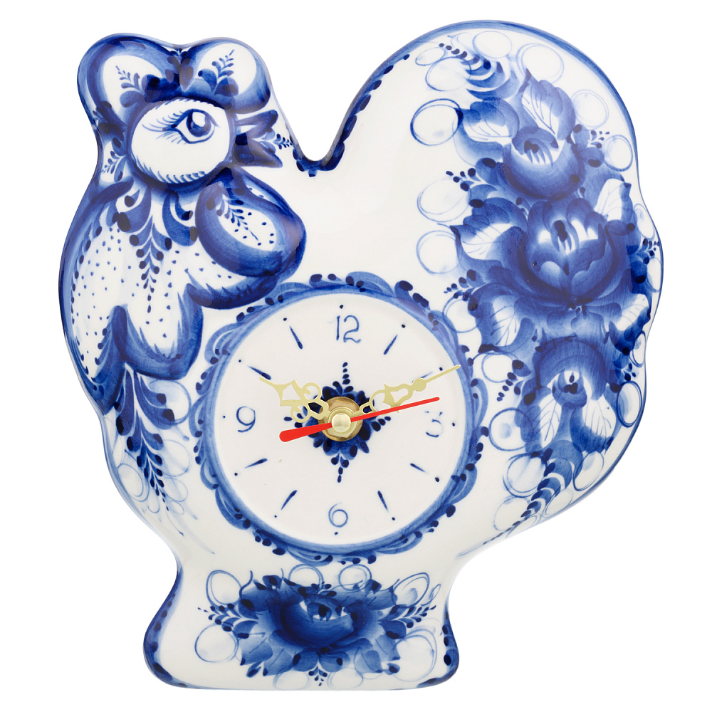 Настенные фарфоровые часы с росписью «Петух». Гжель - интернет магазин Русь Велика я 