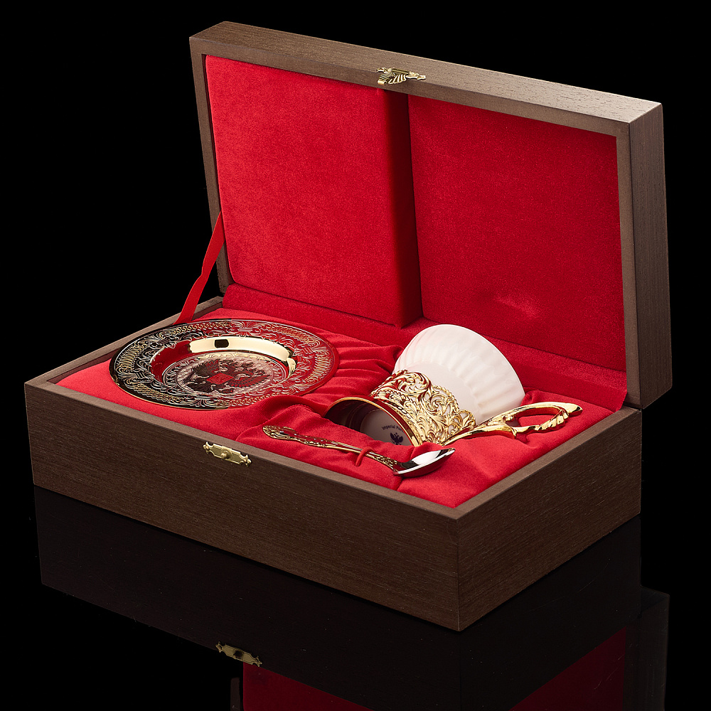 Чайная пара с позолотой и эмалью «Герб РФ». Златоуст - интернет магазин Русь Велика я фото 7