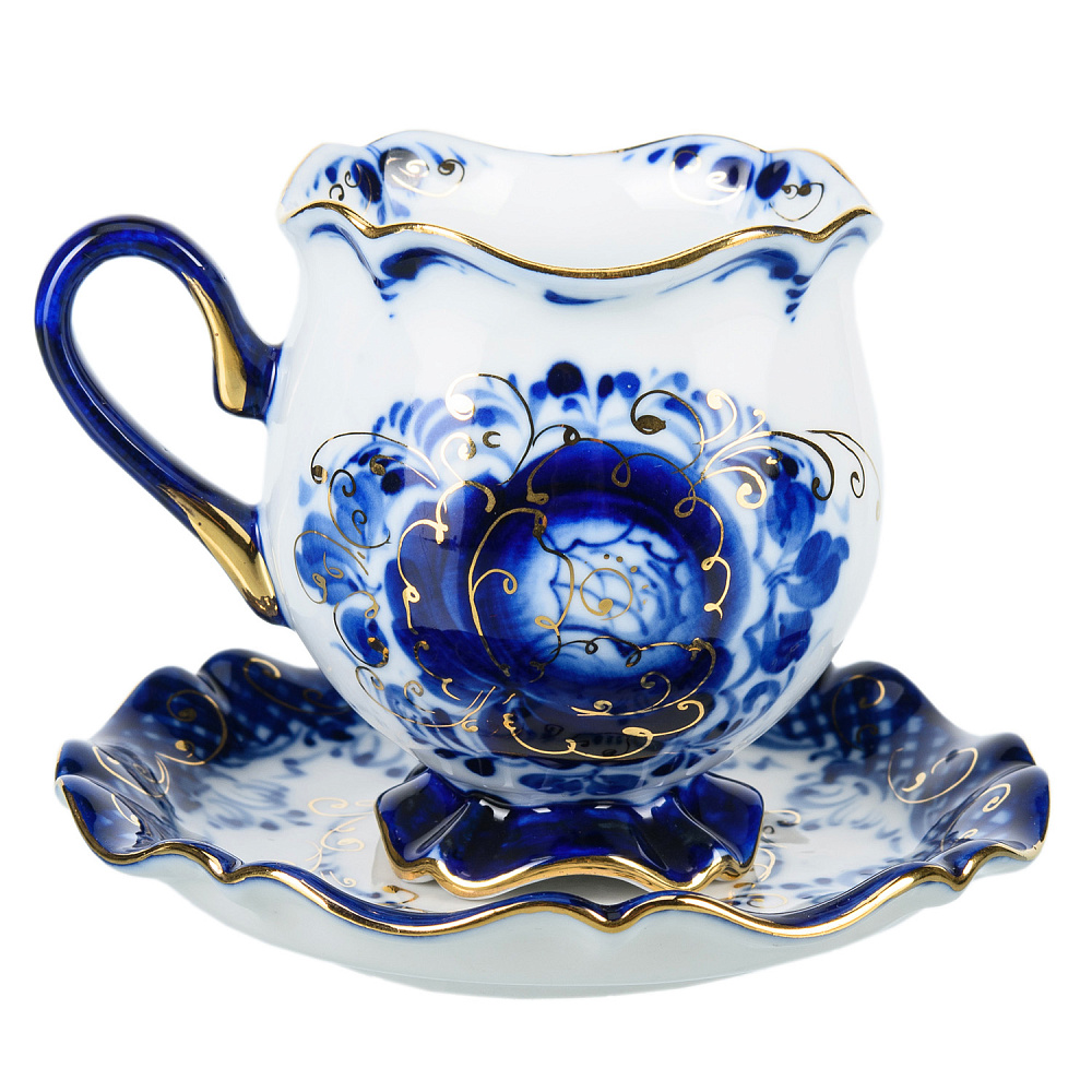 Кофейная пара «Тюльпан». Гжель в золоте - интернет магазин Русь Велика я фото 1